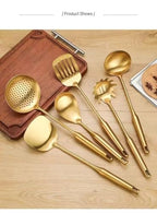 Premium 7-Piece Gold Kitchen Utensil Set with Stand, Stainless Steel Cooking Tools- Dishwasher Safe Ladle, Spoon, Spatula, Pasta Fork, Luxury Brass Kitchen Accessories for Home Chefs (Gold) - color: Gold
