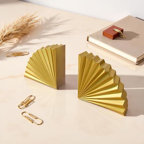 Golden Fan Book Ends Decorative Bookends for Shelves, Elegant Fan Bookends for Bookshelf Decor, Decorative Book Stoppers for Home Office - color: Geometric Fan - Gold