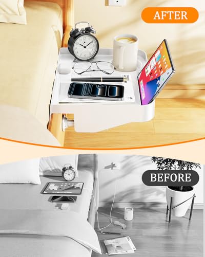 Bedside Caddy with Cup Holder, Bedside Shelf for Dorm Bed & Top Bunk Dorm Room Essentials Clip On Bed Side Table Tray Organizer for Top Bunk, College Dorm, or Kids Bedroom