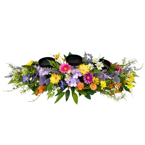 26 Inch Spring Summer Centerpiece with 3 Candle Holders Floral Table Centerpiece with Daisies and Wildflowers for Dining Table Mantel Wall and Farmhouse Table Decoration