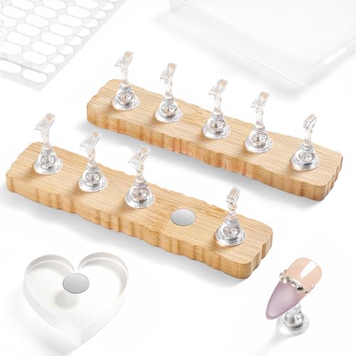 Nail Stand for Press On Nails Art Display Practice 2 Sets, 1 Heart Shaped Acrylic Magnetic Nail Stands, Fake Nail Holder Tips With 200 PCS Double-Sided Tape, Nail Kit Home DIY Salon Supplies - color: Wood, size: Medium