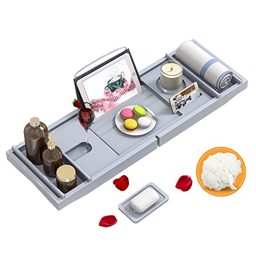 Domax Bathtub Caddy Tray Expandable Bamboo Tub Tray for Luxury Bath with Book Holder and Free Soap Dish (Gray, 29.4"-44.2"x 9.1"x1.65") - color: Gray