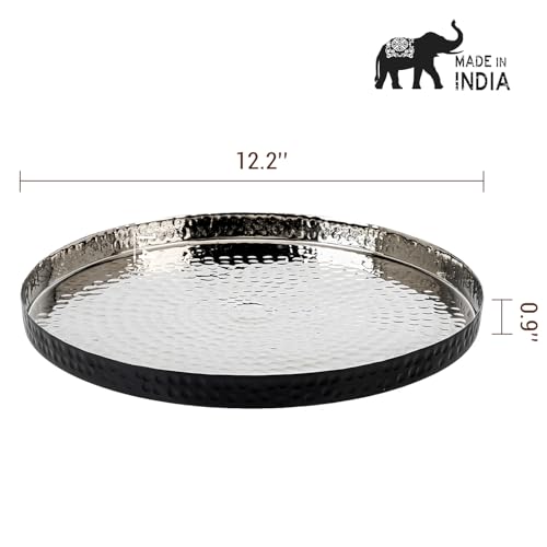 MyGift 12 Inch Round Decorative Platter, Silver Tone Plated Hammered Aluminum with Matte Black Accent Serving Plate, Centerpiece Base or Vanity Tray - Handcrafted in India - color: Black (12 Inch)