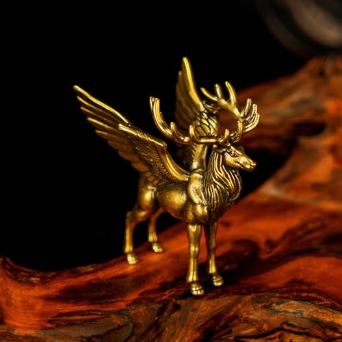 CHOVY Winged Brass Elk Statue - 100% Solid Handcrafted Lost-Wax Cast Sculpture, Nordic Mythical Creature Art, Steampunk Winged Beast Decor, Premium Home Collectible, Unique Gift for Mythology Lovers - style: Flying Deer
