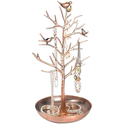 ChezMax Jewelry Display Necklace Earring Organizer Holder Metal Birds Tree Stand with Tray Antique Bracelet Rings Rack Tower Decoration for Women Girl Bronze 11.8 Inch - color: B-Metal Bronze