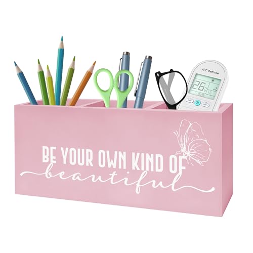 Be Your Own Kind of Beautiful Makeup Brush Toothbrush Holder, Pink Inspirational Wooden Pen Pencil Holder Organizer for Dorm Bedroom Desk Accessories, Back to School Gifts for Girls - color: Color-Desk accessories pink 18
