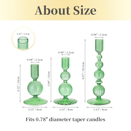 Hewory Glass Candlestick Holders Set: 3PCS Green Candle Holder Taper Candle Holders Bulk, Crystal Ribbed Candle Sticks Holder Decor for Table Centerpiece Wedding Christmas Thanksgiving Dinner - color: Green