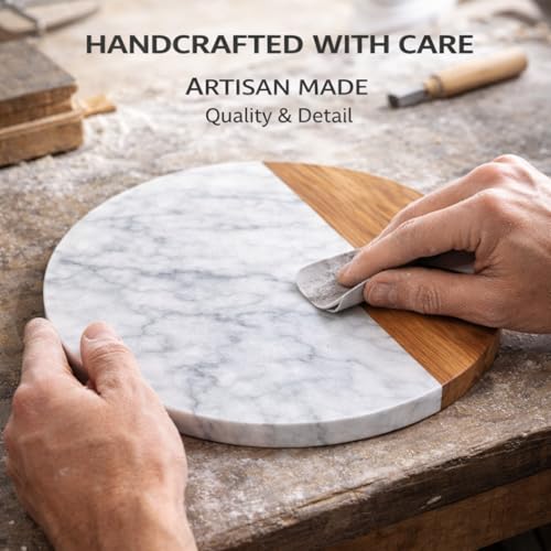 White Marble Board - Cheese Board | Acacia Wooden Serving Tray For Charcuterie, Cheese, Meats, Fruit, Crackers | Cutting Board, Serving Tray, Round Slab 10 Inches. - color: White, size: 10"L x 10"W