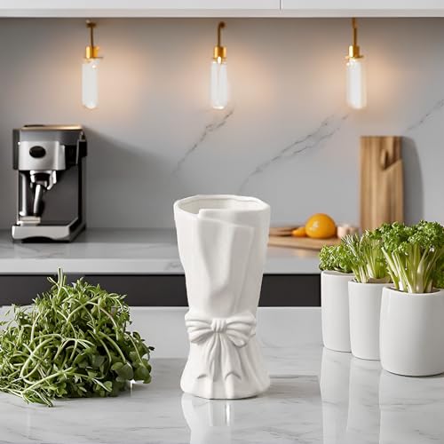 White Flower Vase for Home Decor, White Ceramic Vases for Boho Style, Bow Decor, 9.3 Inch Flower Vases for Bouquet, Large Vase for Ideal Shelf Decor/Table. (Large) - color: Pure White