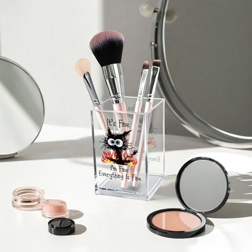 It's Fine I'm Fine Acrylic Cosmetic Pencil Pen Holder Cup, Funny Black Cat Pen Holder Cup, Cat Lover Gift for Women Men, Office Sarcastic Gifts for Women Men Colleague Boss - style: It's Fine