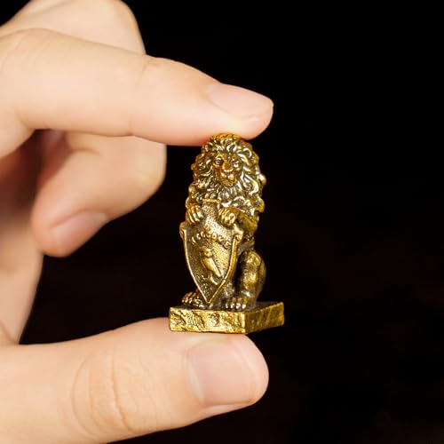 CHOVY Retro Handcrafted Guardian Lion Sculpture - 100% Solid Brass Majestic Lion Holding Ornate Shield Vintage Style Collectible Art Piece for Home & Office | Unique Gift for Mythology Lovers - style: Lion Guardian
