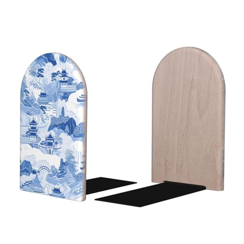 Decorative Bookends 2 Pcs Japanese Japan Blue Ink Architecture Scence Wood Bookends for Shelves Heavy Books Kids Non-Skid Book Ends Stoppers for Office Desk Kitchen School - color: Japanese Japan Blue Ink Architecture Scence