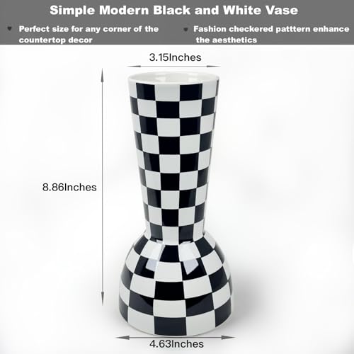 Black and White Checkered Vase, Aesthetic Modern Ins Cool Flower Vases for Home Decor, Entryway Table, Centerpieces Decoration, Kitchen, Living/Dining Room, Bedroom, Bathroom, Coffee Tables (Ceramic) - color: Black