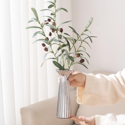 Silver Ceramic Vase for Home Decor, Small Ribbed Flower Vase for Pampas Grass, Modern Contemporary Decorative Vase for Coffee Table, Shelf, Kitchen, Living Room, Bedroom & Elegant Centerpiece - color: Silver