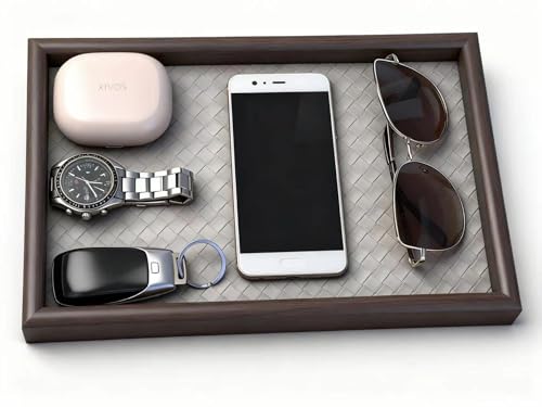 Zosenley Wooden Valet Tray with Leather Base - Nightstand Catchall Organizer for Cologne, Perfume, Keys, Wallet, Phone, Watch, Jewelry & Sunglasses (Llight Gray) - color: Llight Gray