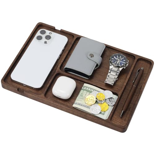 MultiBey Walnut Wood Valet Tray - Wooden Nightstand Organizer for Men Women, 4 Slot Desk Drawer Organizer Tray, EDC Catch All Tray with Cable Slot for Phone Watch Wallet Key Jewelry - color: Walnut