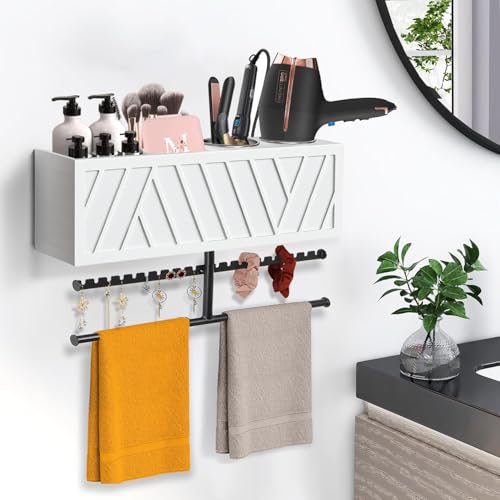 Rustic Hair Dryer Holder Wall Mounted,Hair Styling Tools & Accessories Organizer,Bathroom Supplies & hot Tools vanities Organizer Caddy,for Storage Flat Iron,Blow Dryer,Curling Iron,Towel - color: White.a