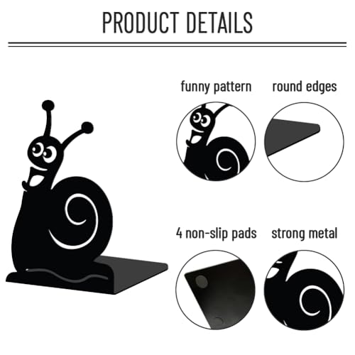 WADORN 1 Pair Cute Snails Metal Decorative Bookend for Shelves, Heavy Duty Book Ends Unique Non-Skid Books Holder Stand Black Book Support Stoppers for Desk Bookshelf Office Home, 5.3x4.3x7.9 Inches - color: Cute Snails