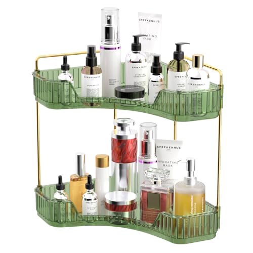 GTI 2 Tier Bathroom Counter Organizer, Multi-Function Corner Bathroom Organizer Countertop,Makeup Organizer Perfume for Dresser Vanity Tray, Spice Rack Organizer for Kitchen (Clear) - color: Green, size: 10" x 10" x 11.7"