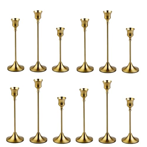 4 Sets(12 Pcs) Candle Stick Holders，Brass Gold Metal Taper Candle Holders, Vintage Modern Decorative Centerpiece Candlestick Holders for Table Mantel Wedding Housewarming Gift - color: Brass Gold-4 Sets(12 Pcs)