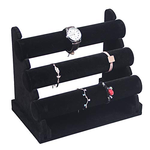 Coward 3 Tier Bracelet Organizer Display Holder, Beige Velvet Stand Rack for Hairband Watch Scrunchie Organizer (Black Velvet) - color: Black