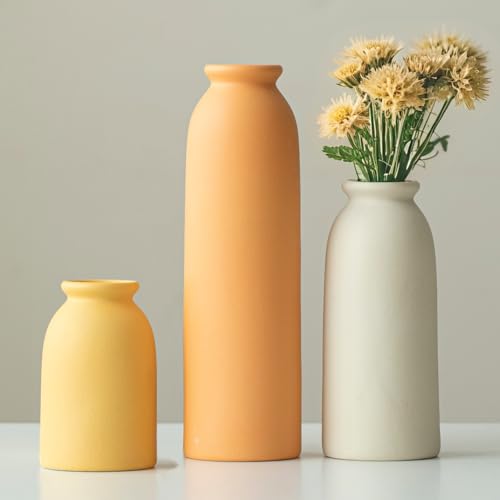 10.4 inches Tall Decorative Ceramic Vase Set, 3 Pieces, 10 inches Nordic Modern Style, White, Farmhouse Home Boho Shelf Decor(Orange) - color: Orange