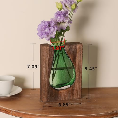 Wood and Glass Inlay Vases Farmhouse Wooden Glass Flower Vase Solid Wood Glass Vase Home Decor Vases for Centerpiece (9.29 Inches) - size: 9.29 Inches