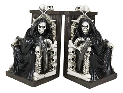Ebros Gift Gothic Grim Reaper Dark Lord Sitting On Skulls and Skeleton Bones Thrones Pair of Bookends Statue 7" Tall Bibliography Macabre Ossuary Figurine As Halloween Decor