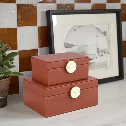 HofferRuffer Faux Leather Jewelry Boxes, Decorative Boxes Storage Accessory Organizer with Gold Hardware Decor, Classic Vegan Leather Set of 2 Pieces (Brown) - color: Brown