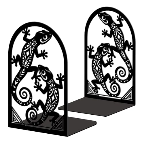 Peacoblue Metal Bookends for Shelves, Modern Decorative Heavy Duty Study Book Ends Stoppers for Office, Desk, Shelf, Room 5.3"x4.3"x7.9" Cast Iron Simple Tall Bookends 1 Pair (Geckos) - style: Geckos