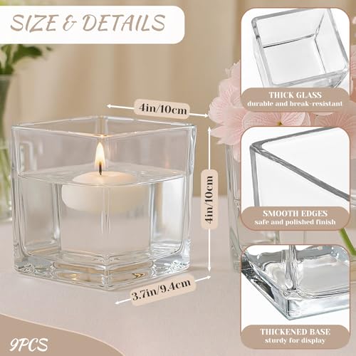 CONNOO 9 Pack Square Glass Vase 4" x 4" x 4", Clear Bulk Flower Vases for Centerpieces, Square Glass Cube Vase Floating Candle Holders for Wedding Party Home Decor - size: 9 Pack 4 Inch