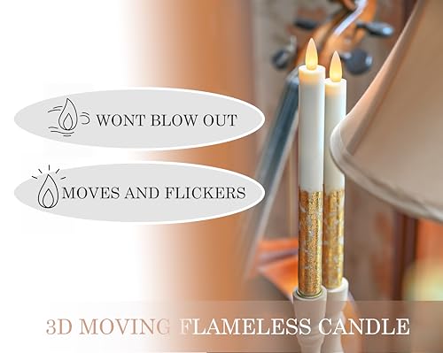 Flameless Taper Candles Flickering with Remote and Timer, 3D Moving Flame Taper Candle Battery Operated to 400 Hours, 9 Inch Window Candles, (Gold Leaf) - color: Gold Leaf