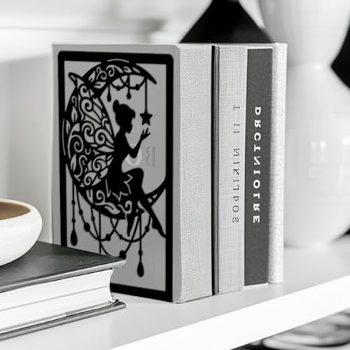 Peacoblue Metal Bookends for Shelves, Modern Decorative Heavy Duty Study Book Ends Stoppers for Office, Desk, Shelf, Room 5.3"x4.3"x7.9" Cast Iron Simple Tall Bookends 1 Pair (Moon and Fairy) - style: Moon and Fairy