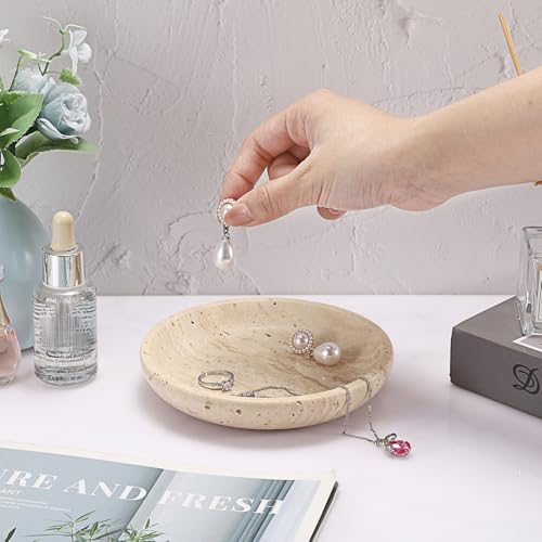 Hipiwe Small Key Bowl for Entryway, 5.5" Round Decorative Ring Holder Dish Natural Travertine Stone Trinket Tray Jewelry Dish Plate Candle Tray for Earring Necklaces Home Decor - color: Beige, size: 5.5"