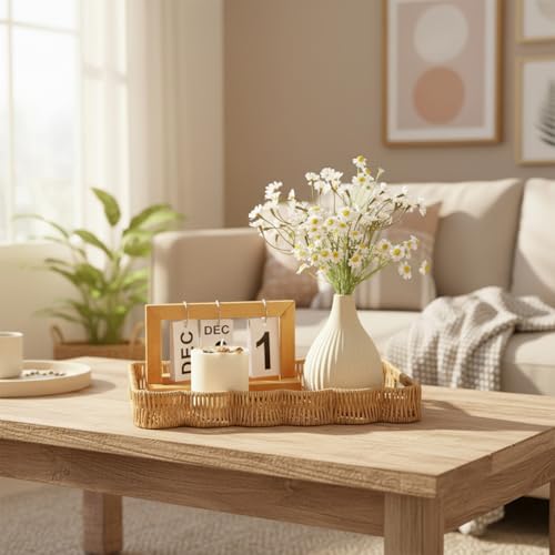 Scalloped Tray Rectangle with Handles, 13.98 x 9.84 x 1.77 Inch Hand Woven Serving Trays Rustic Plastic Coffee Table Decorative Tray for Living Room, Kitchen, Bathroom, Dining Table Decor
