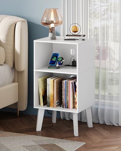 WLIVE Modern Nightstand with Storage, Small Space Bedside Table, End Table for Bedroom & Living Room, Mid Century Night Stand with Open Shelf & Sturdy Wood Legs, White - color: White
