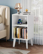 WLIVE Modern Nightstand with Storage, Small Space Bedside Table, End Table for Bedroom & Living Room, Mid Century Night Stand with Open Shelf & Sturdy Wood Legs, White - color: White