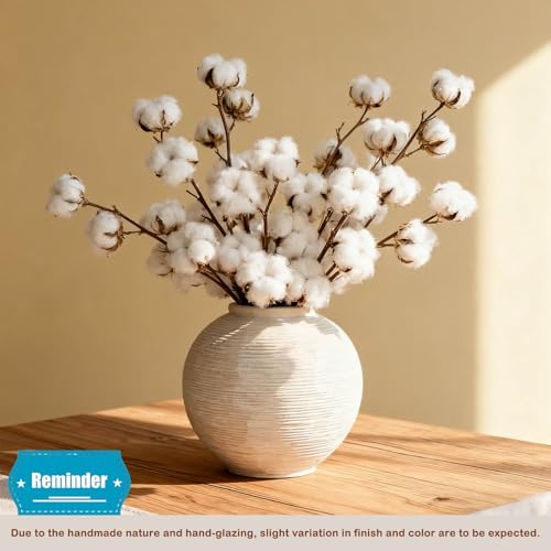 Rustic Farmhouse Vase Home Decor - 6 in Ceramic Boho Decorative Vase for Decor, Round Clay Whitewashed Terracotta Bowl vase for Living Room, Table, Shelf, Centerpieces - style: 02 - Small Rustic Ribbed Whitewash