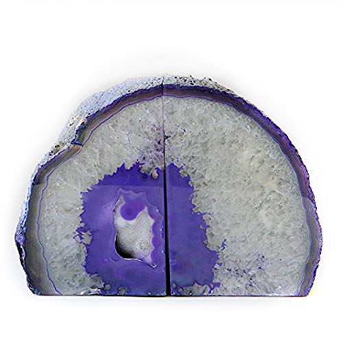 JIC Gem Dyed Purple Natural Agate Bookends Polished Stone Book Ends Crystal Geode Bookends for Shelves to Hold Books with Rubber Bumpers(1 Pair, 3-4 LBS) - color: Purple Dyed, size: 3-4LBS.