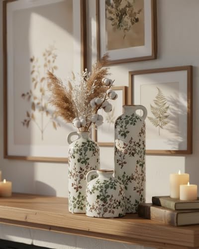 3-Piece Ceramic Jug Vase Set with Handles – Vintage Green Floral Crackle Glaze Decorative Vases for Home, Farmhouse Living Room, Shelf & Table Decor - color: Green & Brown02