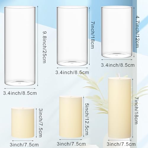Shihanee Set of 3 Pillar Candles and 3 Glass Cylinder Candle Vases Holders Clear Pillar Jars for Wedding Centerpieces(3'' x 5.9'', 7.9'', 9.8'',Ivory White) - color: Ivory White, size: 3'' x 5.9'', 7.9'', 9.8''