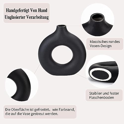 Black Ceramic Donut Vase Set of 2, Hollow Round Matte Pampas Flower Vases for Boho Home Wedding Party Room Dinner Table Shelf Decor.（Black） - color: Black, size: Donut Set of 2