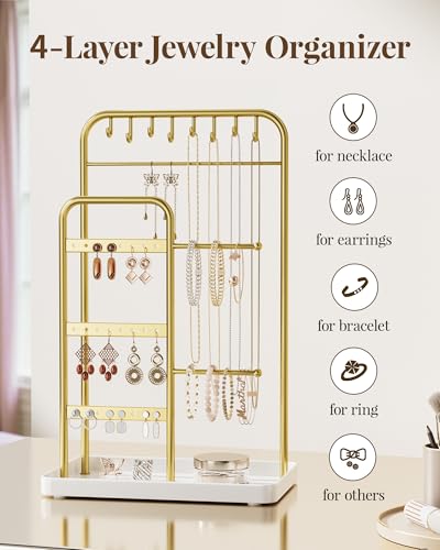 pickpiff Jewelry Holder Stand: Jewelry Display for Necklace, Bracelet, Earring, Ring, White & Gold - color: Gold