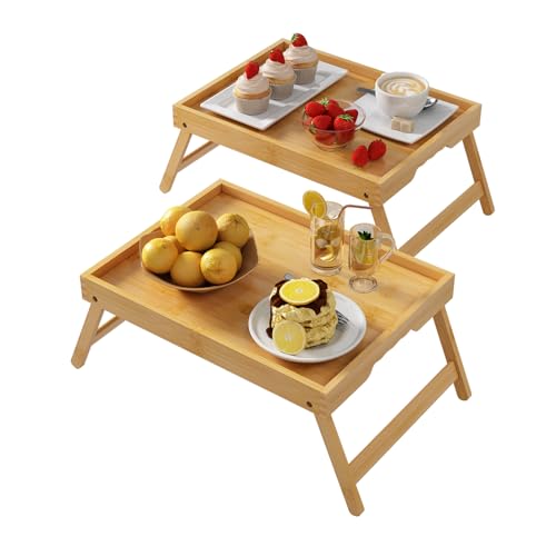 Youpehom Bed Tray Table with Folding Legs,Bamboo Breakfast in Bed for Kitchen Serving Tray,Sofa,Eating,Used As Laptop Desk Snack Tray 2 Pack (Bamboo) - color: Bamboo-2 Pack, size: Medium