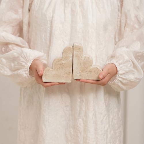 Chagoart Book Ends for Shelves-Concrete Heavy Duty Bookends-Book Stopper- Decorative Bookends for Heavy Books-Travertine Marble Look Book Ends Unique -Scallop Stone Bookends (Travertine)