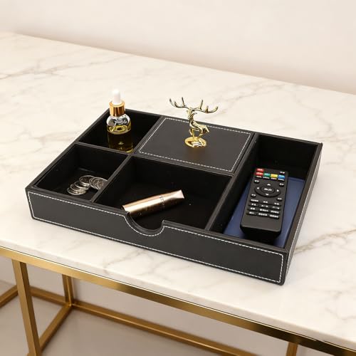Jewelry Trays Nightstand Organizer, Valet Tray for Men and Women, Dressing Table Storage Box, Dark Brown Faux Leather, 5 Compartment - color: black