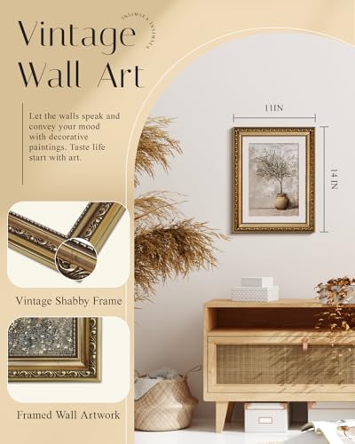 InSimSea Retro Gold Framed Wall Art, Vintage Olive Tree in Vessel Home Wall Decor, Canvas Print Artwork, Farmhouse Country Decor, Antique Picture Frame Still Life Botanical Paintings, 11x14 Inch - color: Olive Tree, size: 14"L x 11"W