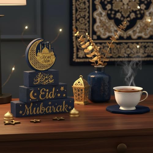 Smile 4Pc Ramadan Wooden Decorations Eid Mubarak, Ramadan Islamic Tiered Tray Muslim Party Tabletop Home Decor - style: Eid