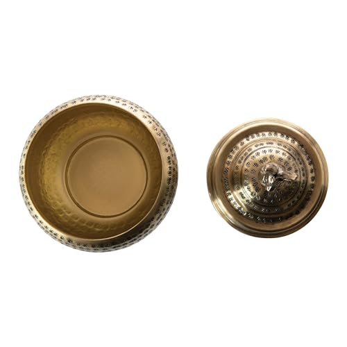 Round Hammered Metal Container with Rabbit Finial, Brass Finish - style: Rabbit