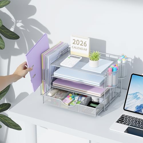 gianotter Desk Organizers and Accessories with File Holder, 4-Tier Desk Accessories & Workspace Organizers with Drawer and 2 Pen Holder, Paper Organizer for Office Supplies (Grey) - color: Grey